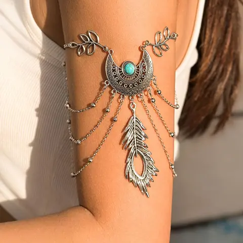 Vintage Western Ethnic Adjustable Turquoise Cuff Bracelet Bohemian Hollow Retro Silvery Tassels Bracelet Jewelry Chic Women Cuffs Unique Body Chain Jewelry Vacation Travel Beach Bracelet