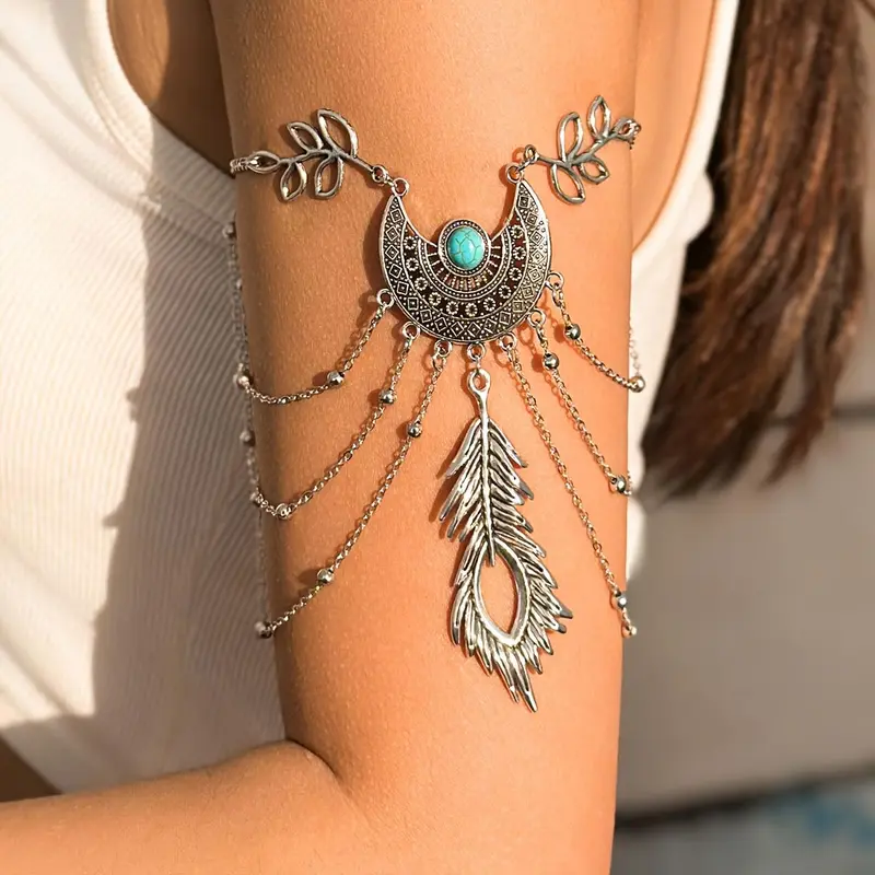 Vintage Western Ethnic Adjustable Turquoise Cuff Bracelet Bohemian Hollow Retro Silvery Tassels Bracelet Jewelry Chic Women Cuffs Unique Body Chain Jewelry Vacation Travel Beach Bracelet