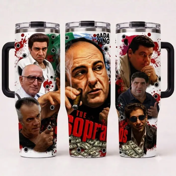 The Sopranos Inspired 40oz Insulated Tumbler, Mafia TV Fan Travel Mug with Handle, Double Wall Stainless Steel Coffee Cup, Gift for Crime Drama Lovers