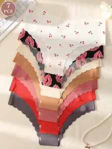 Women's Seamless Panties Set, 7 Pieces Slim-Fitting Underwear for All Seasons, Daily Wear Ladies Lingerie, Plain Heart Pattern, Soft Pastel Panty