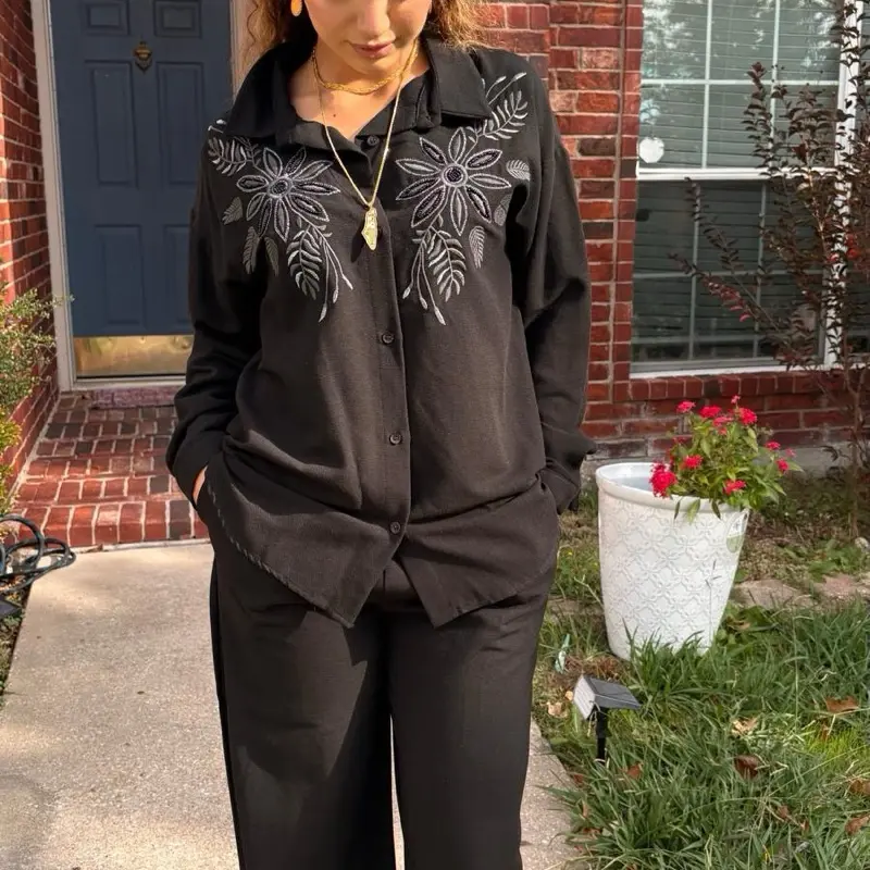Black Two-Piece Tunic with Beads and Design - Long Sleeve Casual Top and Pants Set