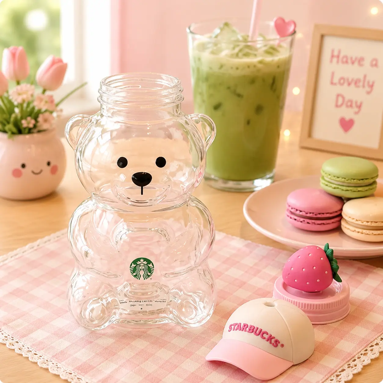 Strawberry Bear Shaped Glass Cups, Romantic Pink & Green Teddy Bear Glass Mug with Airtight Cap, Decorative Drinking Jar for Valentine’s Party Decor, Engagement, Anniversary Gift, Creative Cocktail & Soda Glassware