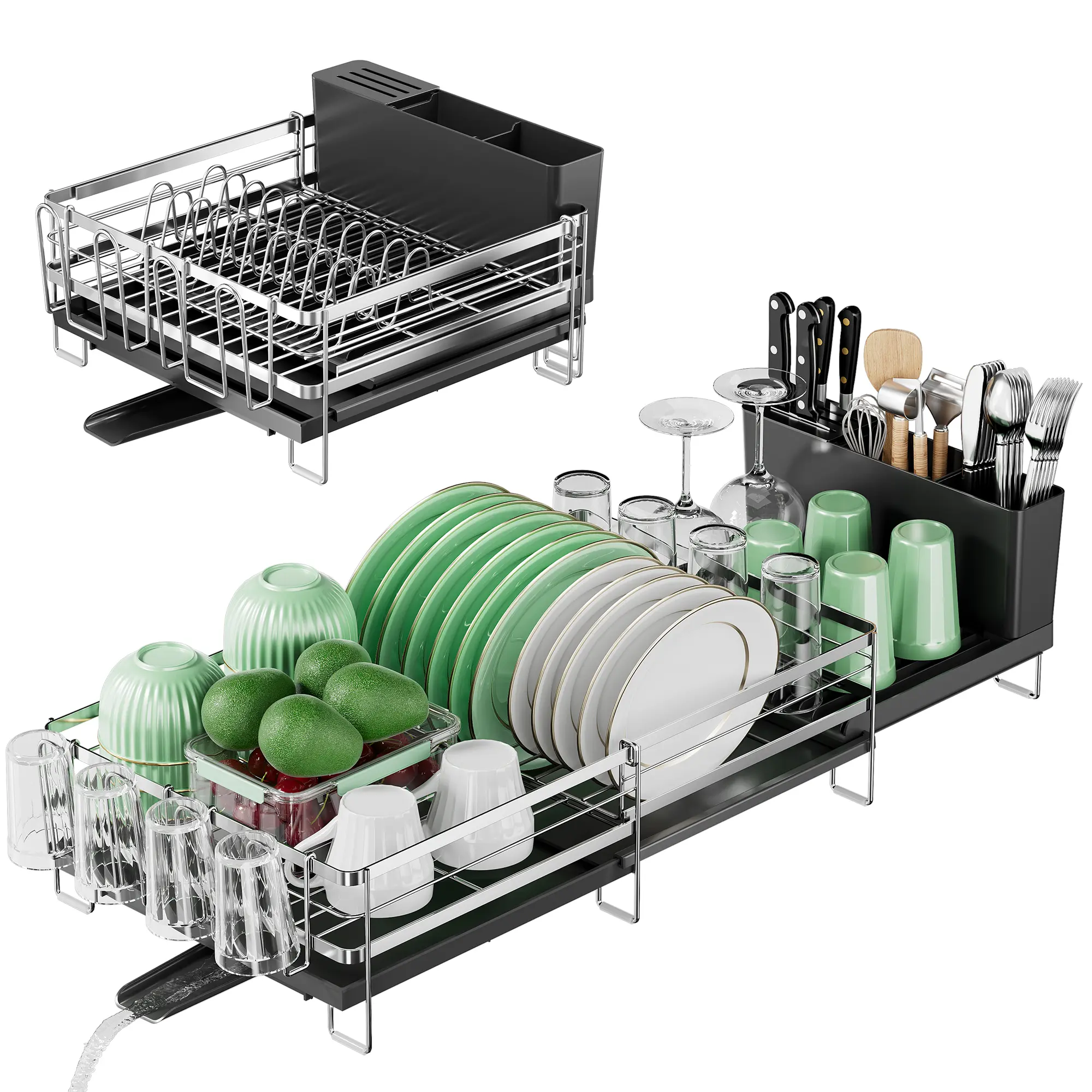 YECAYE Large Dish Drying Rack, Extendable Dish Drying Rack, Stainless Steel Dish Racks for Kitchen Counter, Multifunctional Dish Drainer with Cutlery & Cup Holders, Extendable from 13.4 to 28.7 in