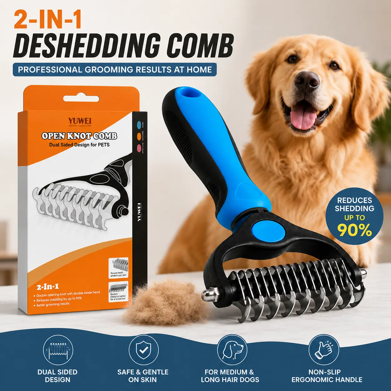Original Pet Grooming Rake - Dual-Sides Deshedding Dematting Undercoat Tool for Dogs & Cats, Extra-Wide Deshedding Brush with 95% Shedding Reduction, 1-Click Clean Stainless Steel Easy Grooming Fur Release Tool for Healthy Coat