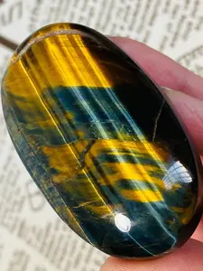 1pc CRYSTALHOLA Natural Blue Tiger Eye Jasper Palm Stone - Strong Flash Palm Stone,Polished Stone with Golden Striations Smooth Oval Shape, Gift for Christmas, Graduation, Home Decor Collection,Healing&Meditation Stone, Intuitively Chosen Crystals