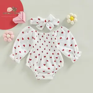 Baby Girls Valentine's Day Romper Heart Print Long Sleeve Boat Neck Jumpsuits Infant Autumn Winter Bodysuits with Headband