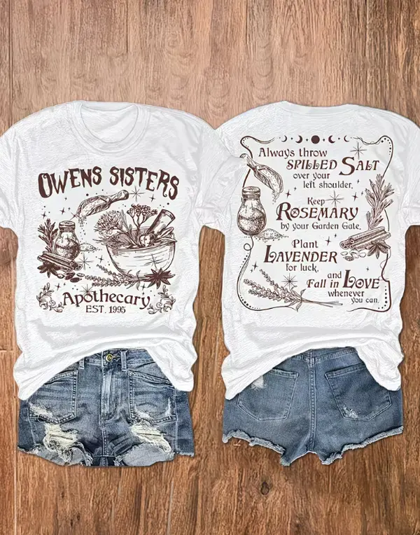 Vintage Witch Herbal Apothecary Double Sided Print Women's White Casual Short Sleeve Boho Magic Botanical Graphic T-Shirt