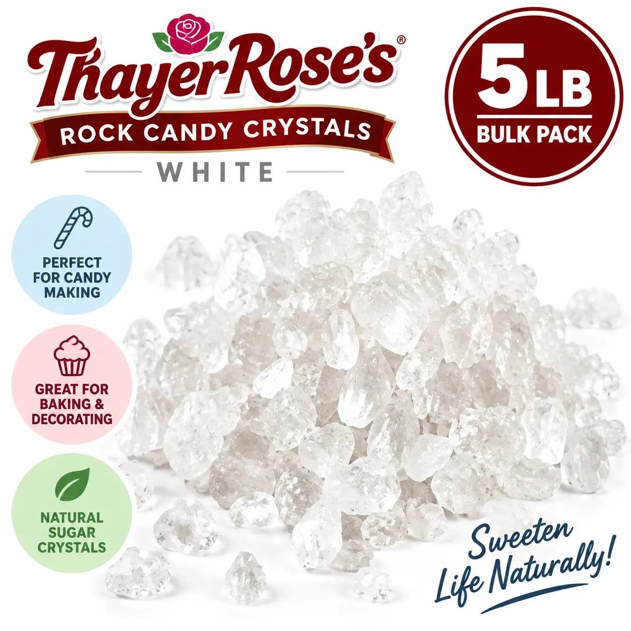 White Rose Crystal Candy, 5 lb Bulk Pack, Large Volume Hard Candy Crystals for Snacks, Food & Beverages