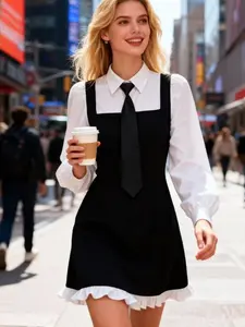 Women's Button Decoration A-line Fitted Dress, Casual Elegant Bishop Sleeve Dress for Daily Wear, Ladies Clothes for All Seasons, Womenswear, Casual Fit Chic