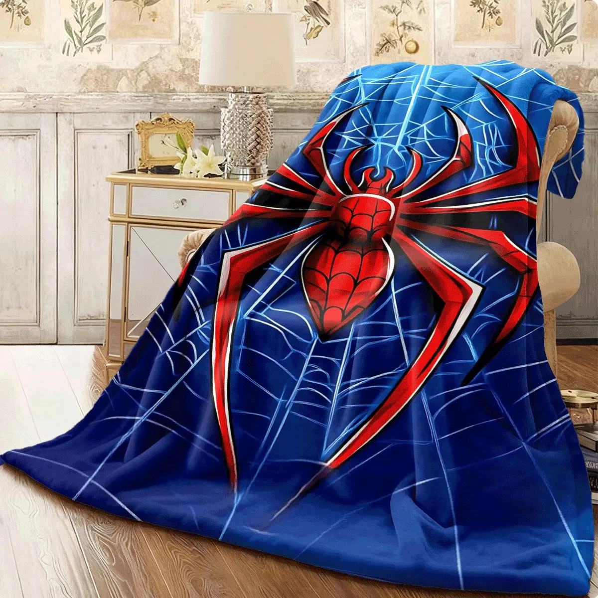 1pc Soft Flannel Blanket, Blue Spider Web Background with Red Spider Print, Stylish and Comfortable Sofa Throw, Fan Gift, Ultra-warm and Suitable for All Seasons, Comfortable Material