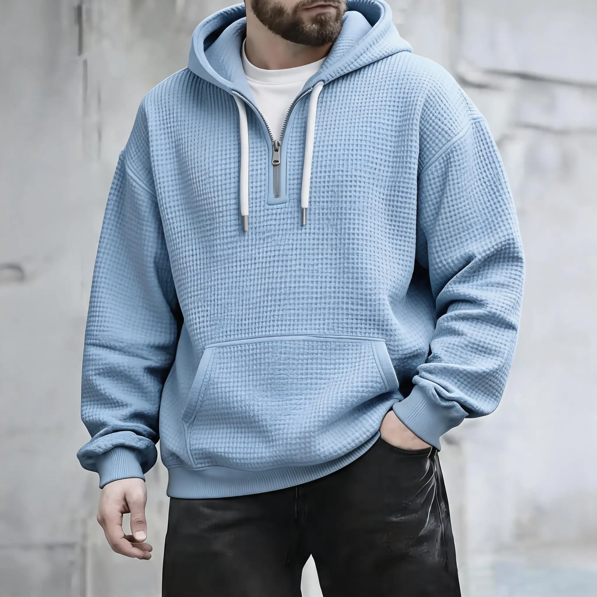 Men's Waffle Knit Half Zip Hoodie Oversized Pullover Sweatshirt with Kangaroo Pocket and Contrast Drawstring