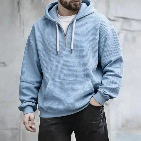 Men's Waffle Knit Half Zip Hoodie Oversized Pullover Sweatshirt with Kangaroo Pocket and Contrast Drawstring