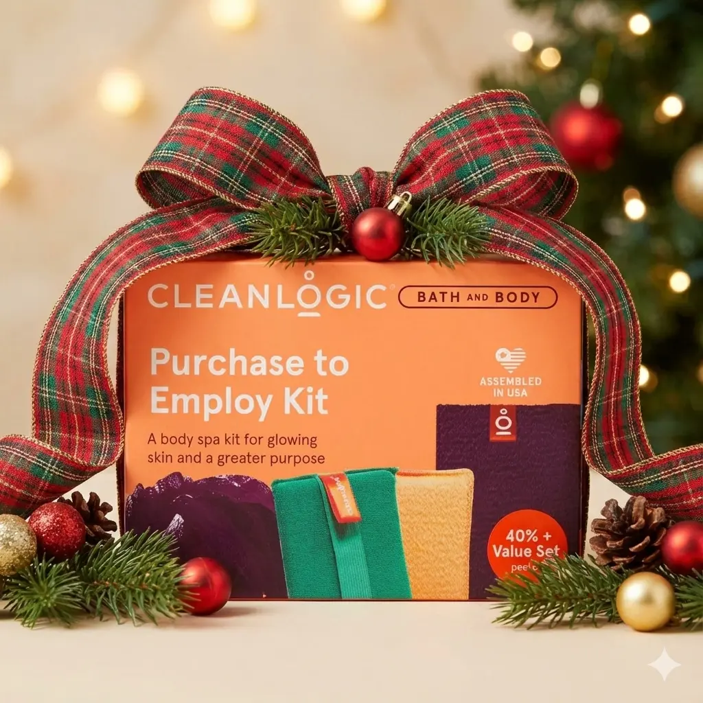 Cleanlogic Xmas Self-Care Bundle – 3-Piece Exfoliating Kit for Gifting & Giving Back with Eco-Friendly Reusable Materials & Radiance Promoting Tools
