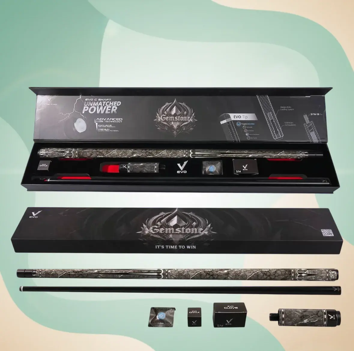 EVO Gemstone Maxbing Edition - Nightglow Pool Cue | Glassfiber Shaft, Carbon+Glass Butt, 12.5mm EVO Tip | Complete Player Kit with 4 in Extension, Time Tip, Glove & Chalk