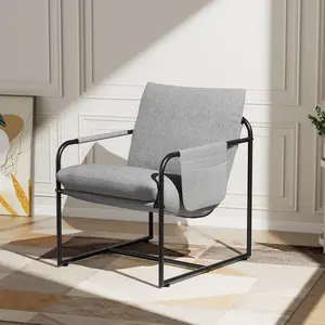 HOMMPA Sling Accent Chair, Steel Arm Chair Living Room Chair with Side Storage Pocket, Reading Accent Chair Mid Century Modern Bedroom Chair Metal Frame & Linen Fabric Cover