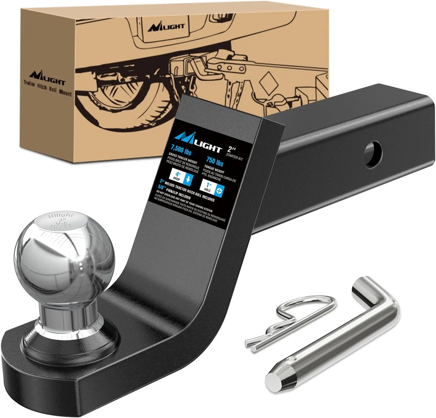 Nilight Fusion Drop Hitch Kit - 2-in Receiver Mount, 2-in Ball, 5/8-in Pin Clip, 7500lb Capacity, 4-in Drop, Powder Coated Weather-Resistant for ATV Hauling, Towing Trailers, Campers, Vehicle