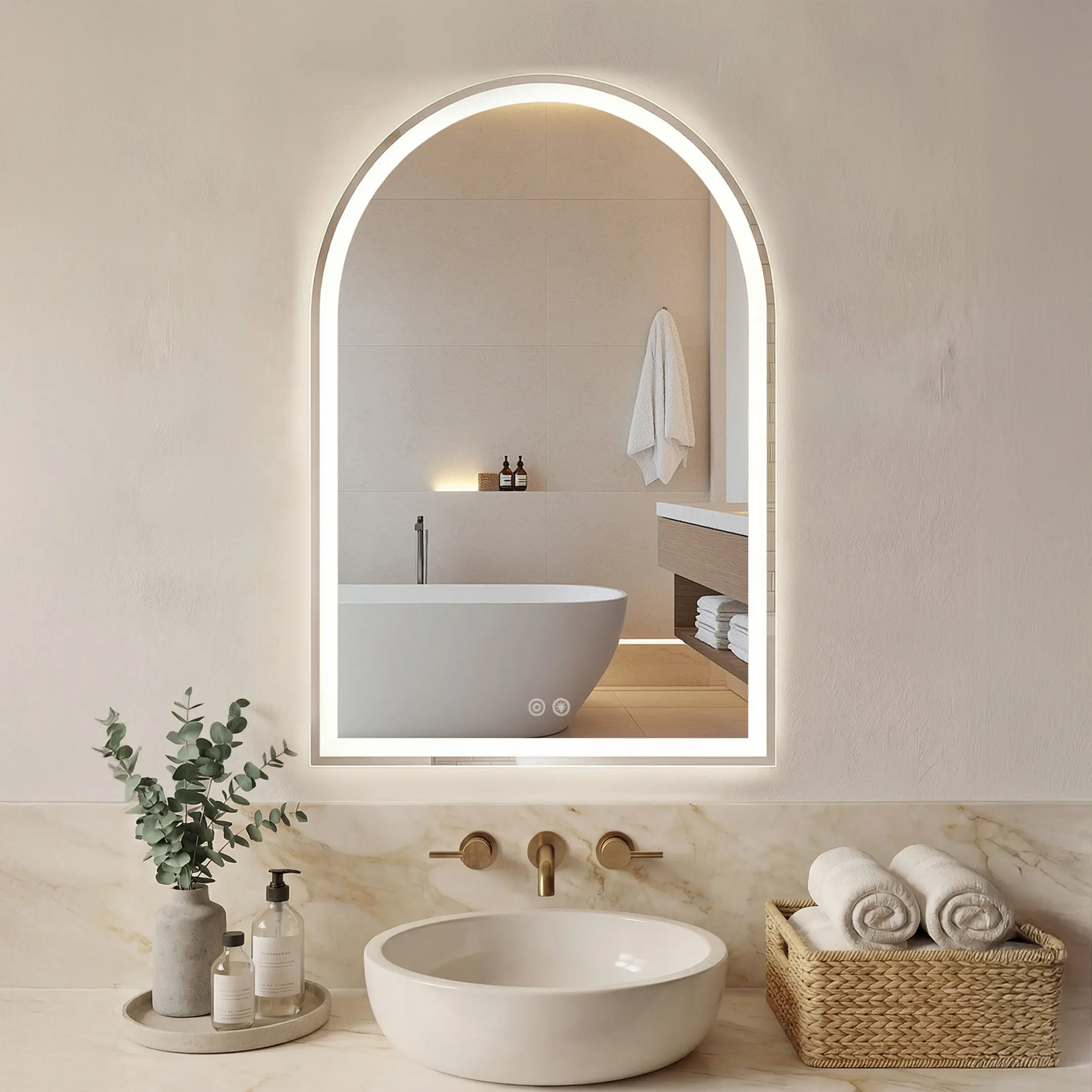 Sweetcrispy Arched LED Bathroom Vanity Mirror - Illuminated Modern Tempered Glass Mirror with Adjustable Dimmable 3-Color Lights, Anti-Fog, Memory Function, Multi-Size for Indoor Use, Illuminated Mirror