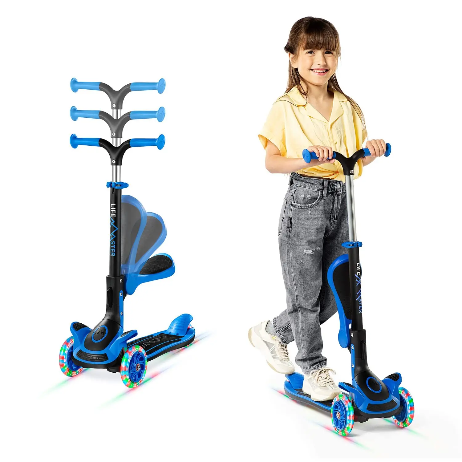3 Wheel Scooter for Kids with Foldable Seat, Adjustable Handlebar Height, Lean-to-Steer Ride On Toy for Kids Ages 2+, Light-Up LED Wheels, Wide Anti Slip Deck, Indoor & Outdoor Use Blue