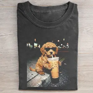 Funny Goldendoodle Drinking Iced Coffee T-shirt, Vintage 90s Dog Meme Graphic Tee, Animal Lover Gift, Comfort Colors Styles, Unisex Casual Design, Gift for Men and Women