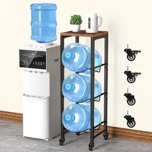 5 Gallon Water Bottle Jug Holder 3-Tier Water Bottle Holder Organizer with Lockable Casters Heavy Duty Water Storage Rack Water Dispenser Stand With  Top Shelf for Kitchen Office Garage Brown