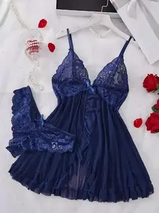 Women's Lace Sexy Halter Nightdress Set Sleepwear Nightgown Net Fabric Sleeveless Fitted Blue Minimalist Home Loungewear Womenswear