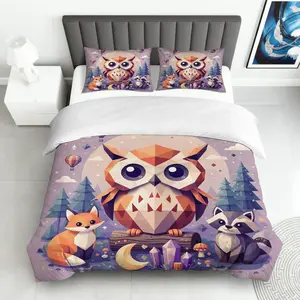 3PCS Duvet Cover Set, 1 Duvet+2 Pillowcases(Without filler), Geometric Owl Fox Raccoon Forest Night theme, Thanksgiving bedding set, Animal Pattern Suitable for decoration Bedroom Living Room Guest Room Dormitory.
