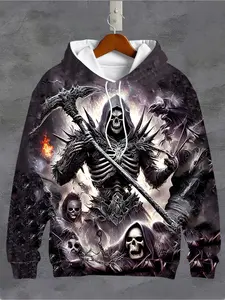 Men's 3D Dark Skull Hoodie - Bold Skull Soldier Design, Long Sleeve Casual Sweatshirt with Drawstring and Pockets, Polyester, Black, Suitable for Autumn, Winter and Spring | Skull Hoodie | Drawstring Hood Design