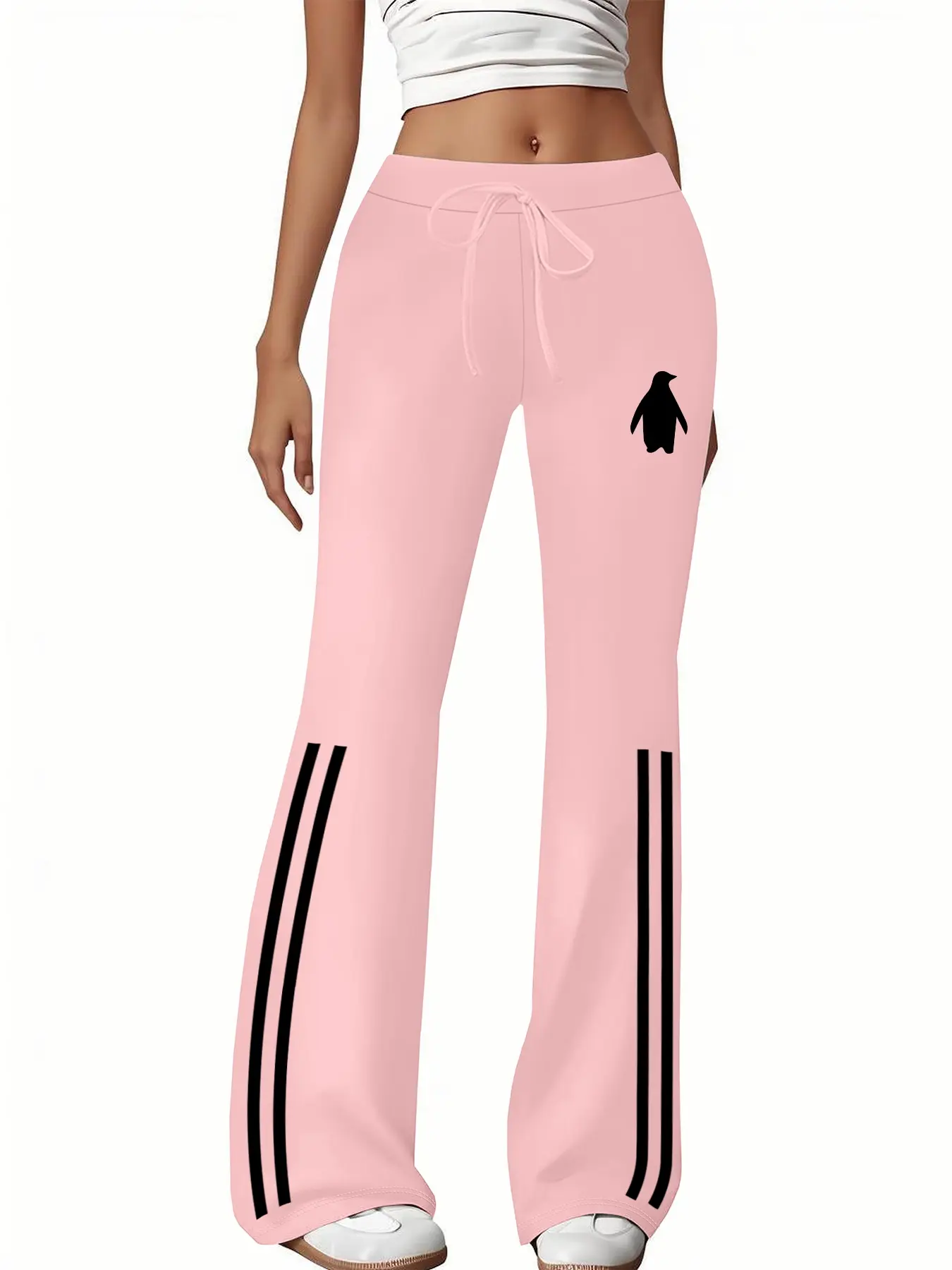 Women's Casual Fashion Wide Leg Pants, Drawstring Waist, Penguin Print, Milk Silk Yoga Pants, All Seasons Wear, Ladies Micro Flare Jogger
