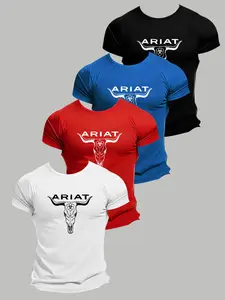 4 Piece Set American Western T-Shirts, Denim Trendy, Equestrian Enthusiasts, Ariat Bull Head Print, Breathable Fabric, Unisex