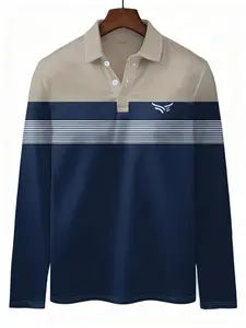 Men's Striped Print Long Sleeve Shirt, Casual Slim Fit, Quarter Button Down, Soft Polyester, Business & Home Wear, Machine Washable