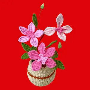 Handmade Crocheted Clematis Gift Present in Vibrant Pink and White with Green Leaves in a Cute Crochet Pot