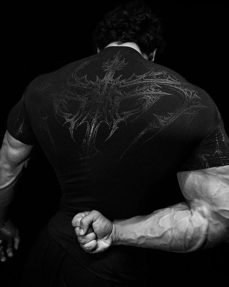 GYM T-shirt Men's Dark Gothic Print Muscle Tee  High Elasticity And Quick Drying Exercise For Bodybuilding Training 2025 Summer