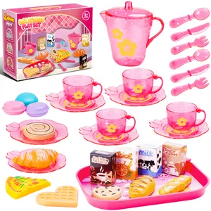 33PCS Mint Pink Pretend Play Tea Party Set for Kids Plastic Mini Kitchen Food & Dessert Toys, BPA-Free Playset Accessories with Teapot, Cups, Plates, Macarons Role Play Gift for Girls & Boys Ages 3+