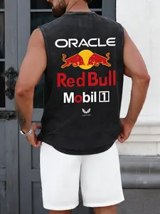 Men's Sleeveless Vest Oracle Bull Racing F1 Team Print Design, 100% Cotton Washed Vintage Fabric, Round Neck Loose Fit Long Style