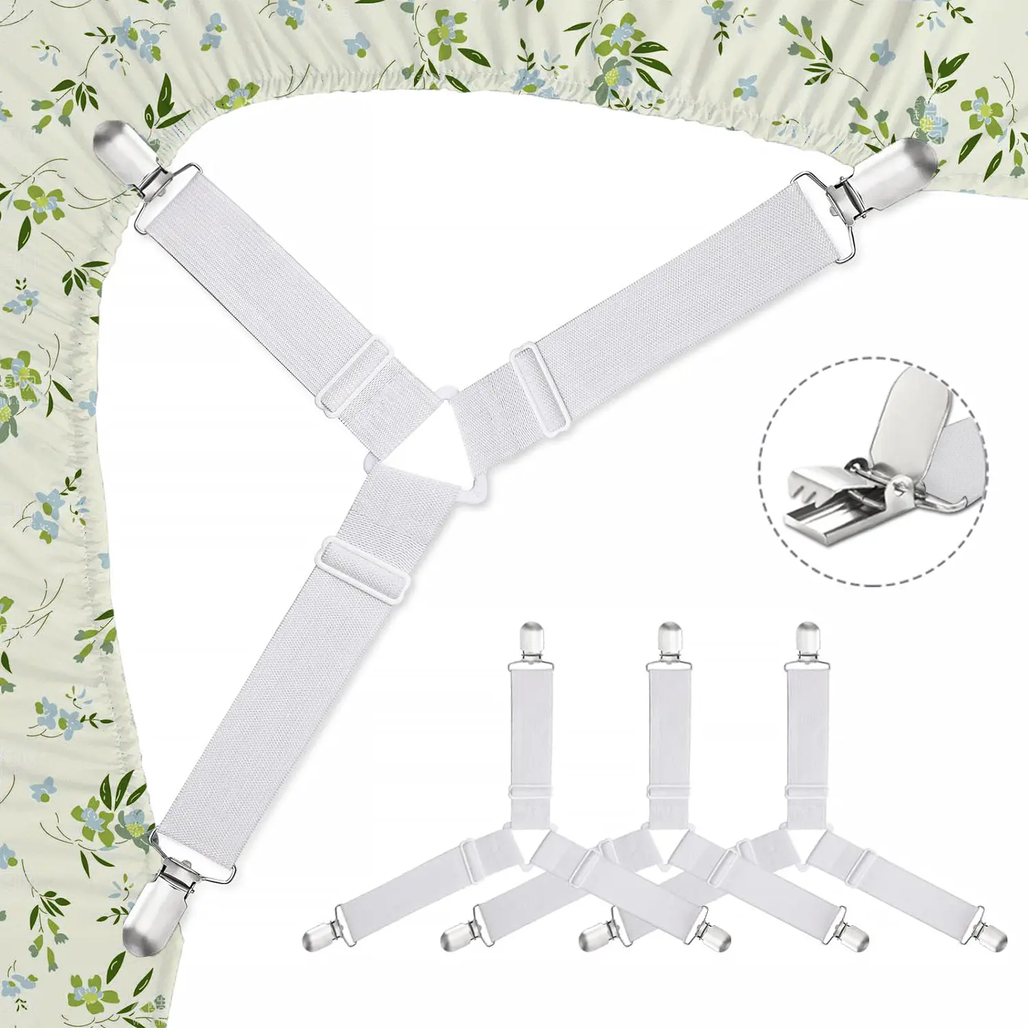 4Pcs Bed Sheet Straps,Non-Slip Elastic Fitted Sheet Straps,Keep in Place Fitted Bedding Holder, For Mattress Covers,Sofa Cushions, Sheet,Easy Install,Keep Sheets Firm & Tight (White)