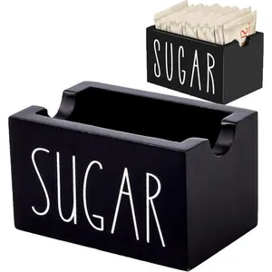 Sugar Packet Holder for Coffee Bar, Wood Sugar Packets Caddy, Farmhouse Sugar Cube Holder, Small Sugar Container Tea Bag Organizer for Table, Office, Hotel, Restaurant (Black)