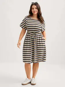 Women's Plus Size Gingham Dress, Striped Short Sleeve Round Neck Casual Dress, Waist Tie Design, Summer Beach & Daily Wear, Fashion Trendy