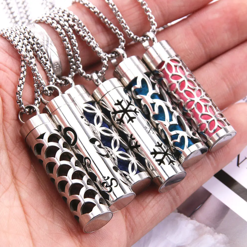 Cylindrical Heart-shaped Essential Oil Diffuser Pendant Necklace, 70cm Electroplated SS-Built-in Pad Jewelry, Individuality Stainless Steel Accessory for Men and Women