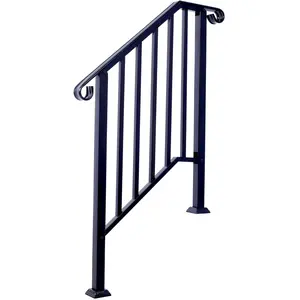 Handrails for Outdoor Steps, Fit 2 or 3 Steps Outdoor Stair Railing, Picket # 2 Wrought Iron Handrail, Flexible Porch Railing, Black Transitional Handrails for Concrete Steps or Wooden Stairs