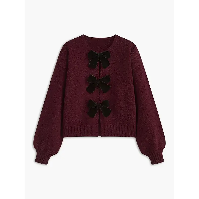 Autumn Winter Sweet Cute Coquette Women Wine Red Sweaters Cardigan Loose lantern Sleeve Bow Knitted Fashion Female Outerwears