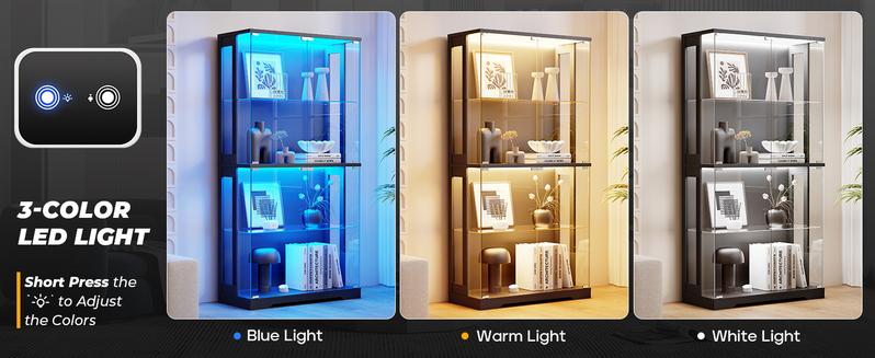 BROTTAR Display Cabinet with Glass Doors, 4-Tier Curio Cabinet with 3 Color Lights for Collectibles, 65" Lighted Glass Display Case with Transparent Full-Display Surface, Human Body Sensor, Black