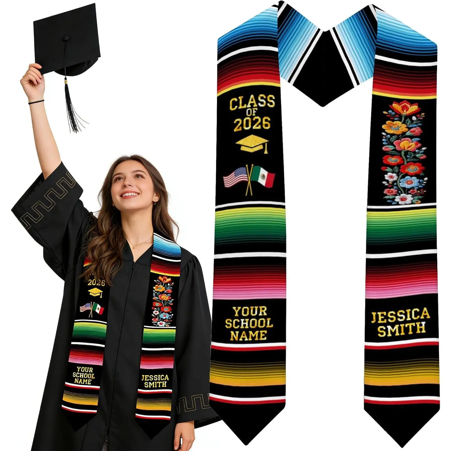 D-Story Custom Graduation Stole Class of 2026 America's 250th Anniversary Personalized Grad Sash with Photo Text Honor Gifts