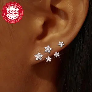 5 Stars Ear Climber Earrings – S925 Sterling Silver Hypoallergenic Star Stud， Minimalist Sparkling Ear Crawler for Women & Teens， Ideal for Daily， Wedding， Birthday Gift