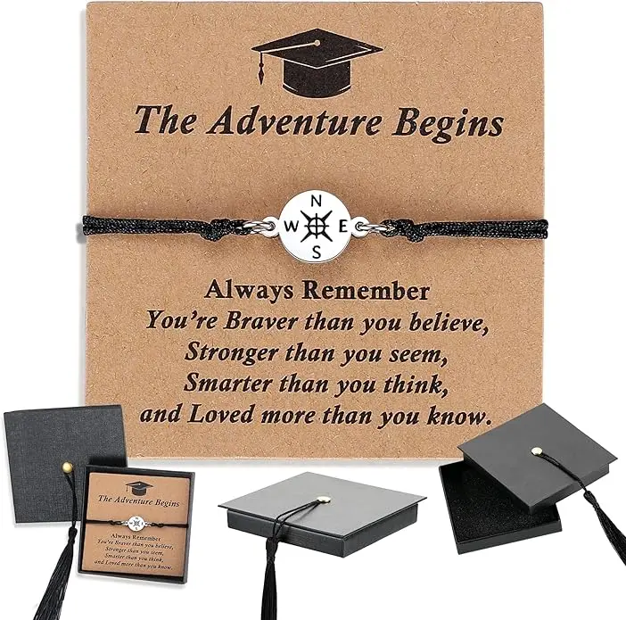 SAM&LORI Graduation Gifts for Teen Girls and Boys, Class of 2026 Stainless Steel Compass Charm Bracelet, 9.5" Adjustable with Grad Cap Box, Boy Gifts, Teenage Boy Gifts