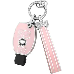 New Upgrade for Mercedes Key Fob Cover 3 Button Pink TPU Bling Car Key Chain Accessories Keys Case Shell Protector for Mercerdes Benz AMG GLC GLA CLA GLS GLE GLK CLS C 300 G E S ML Class Women Girly