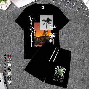 Men's 2-Piece Los Angeles City of Angels & Malibu Vibe California Graphic Outfit, Cotton Short-Sleeve T-Shirt & Athletic Shorts Set, Lightweight Breathable Casual Activewear, Ideal for Summer Streetwear, Beach & Vacation Wear, Gift for Boyfriend