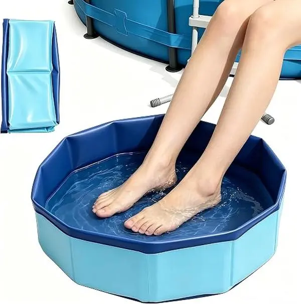 Thick PVC Foldable Foot Soaker Tub - Portable Collapsible Basin with Non-Slip Base, for Rinse Feet & Home Spa, Above-Ground Pool Essential (Blue, 19x19x3.15")