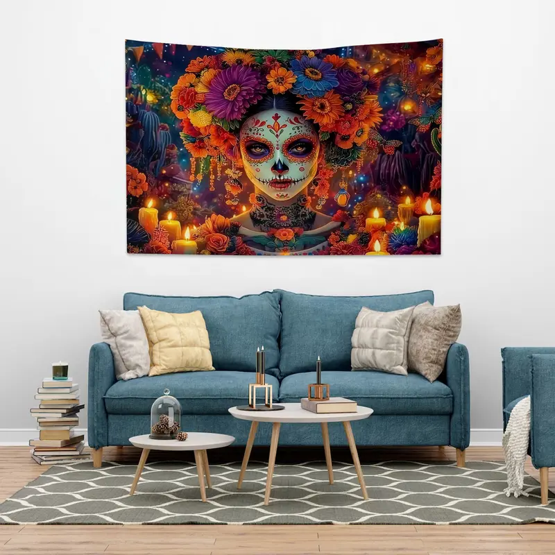 Floral Catrina Day of the Dead Tapestry, Colorful Sugar Skull Wall ...