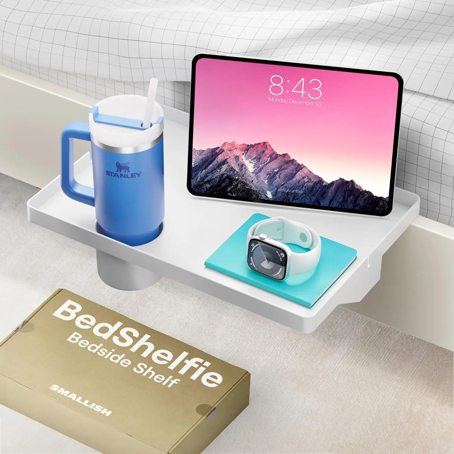 Bedside Shelf for Bunk Bed & Top Bunk, College Dorm Room Essentials, Clip On Nightstand, Bed Side Table Tray Organizer - Cup Holder, White