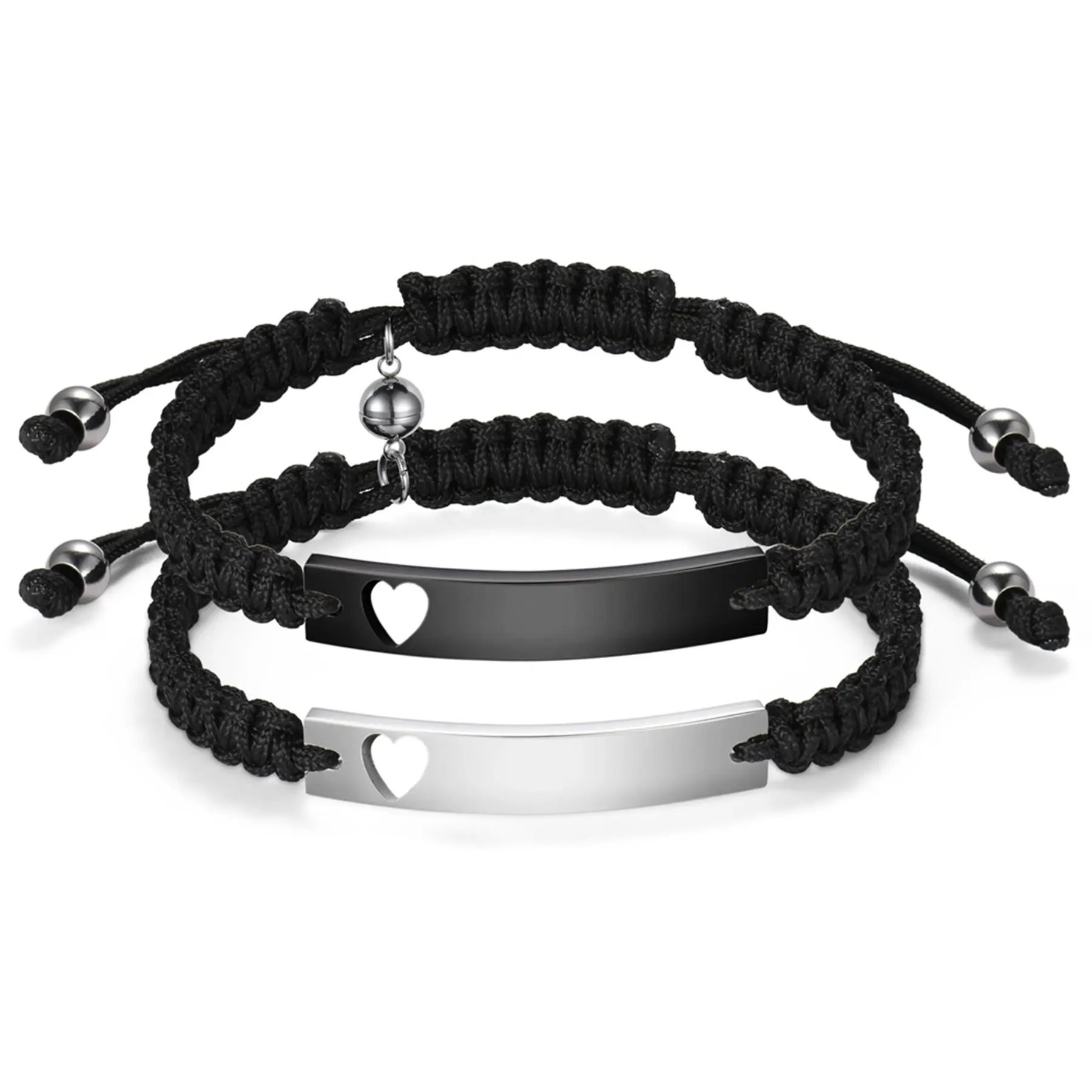 OIDEA Couple's Metal Bracelet Set - Stainless Steel-Rope, Magnetic Close, Adjustable Size, Customizable Engraving Plate, Magnetic Balls, 0.64oz, Sentimental Gifts for Him & Friends